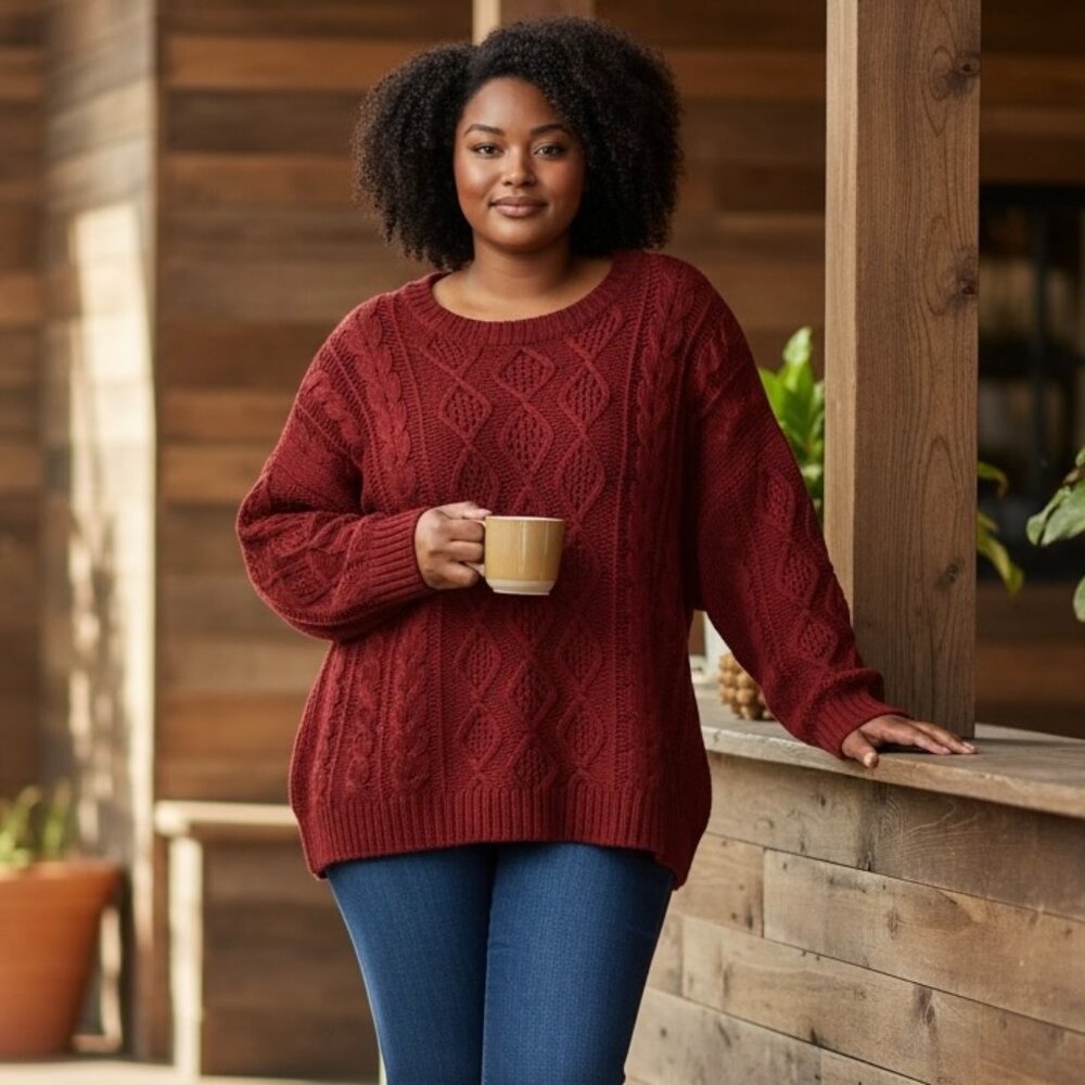 Cozy Cabincore Simply Couture Red Cable Knit Oversized Sweater 1XL NWT